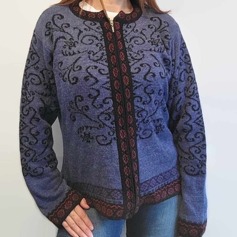Classic Women's Blue Patterned Zip Cardigan Sweater